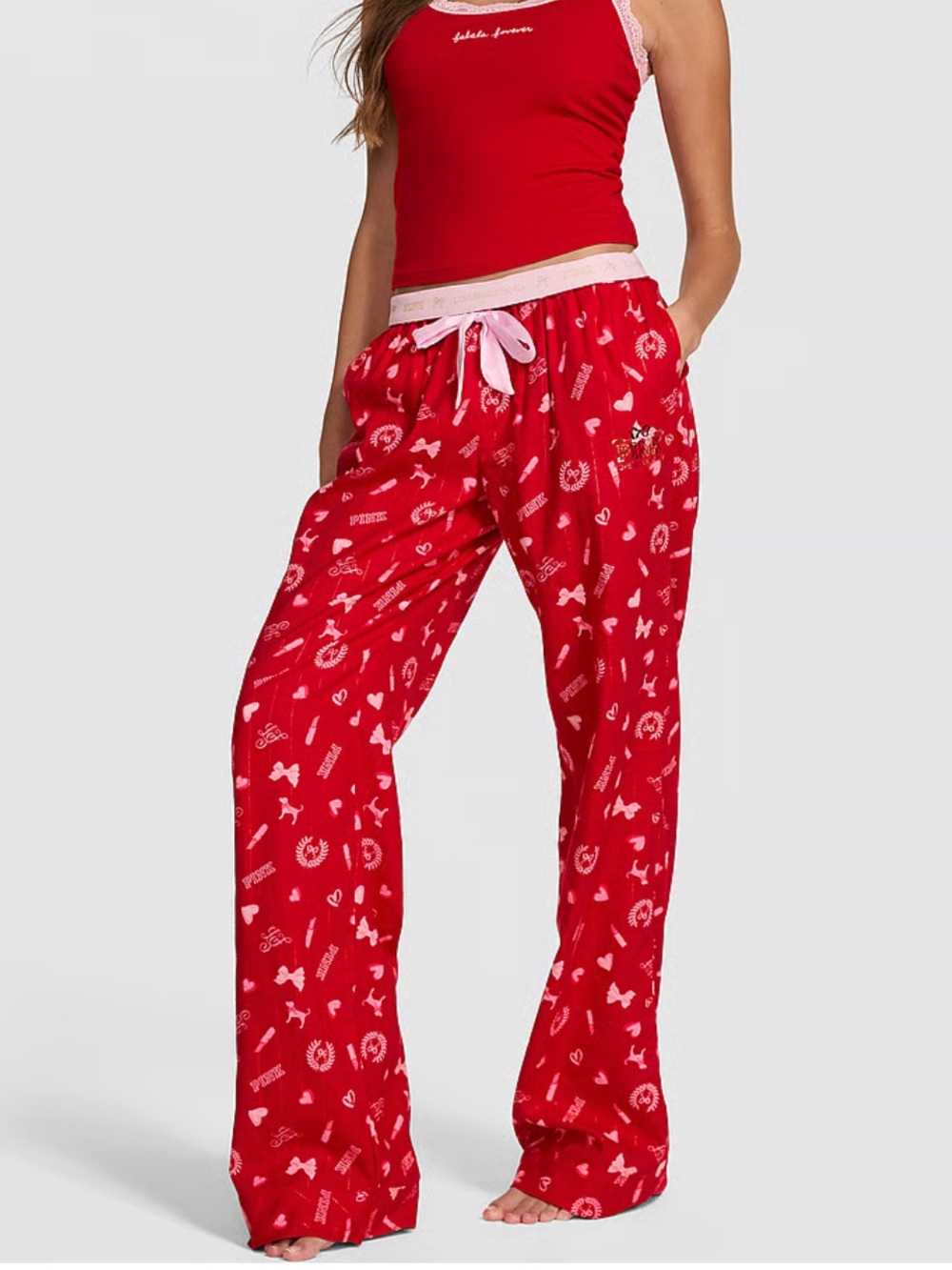 PINK x LoveShackFancy Flannel Pajama Pants in Lipstick Bisous Medium NWT